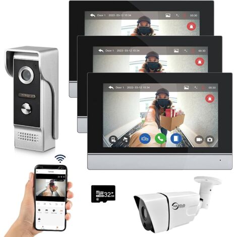 Sistema de videoportero con cable y wifi Tuya,pantalla táctil de 7 in,cámara 1080P,timbre y kit de intercomunicación inteligente con app Tuya y detección de movimiento, 1timbre, 3monitores y 1cámara
