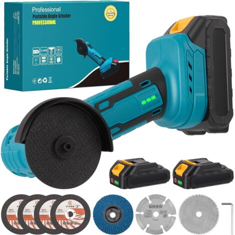 Amoladora angular inalámbrica de 21V con 2 baterías de 2,0Ah y 7 discos de corte, mini amoladora angular de 3 pulgadas y 19000RPM con motor sin escobillas, herramienta eléctrica de 210W de potencia