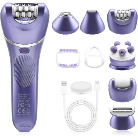 Kit de depilación 7 en 1 para mujeres - Depiladora inalámbrica en seco y húmedo con luz LED - Depiladora facial y corporal - Resistente al agua IPX7 - Batería de 90 minutos de duración