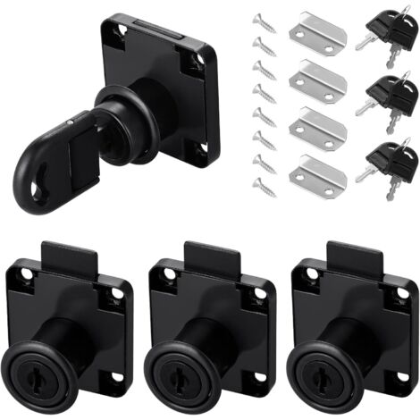 Juego de 4 cerraduras para cajones de oficina, de leva de 22 mm, con diferentes llaves, para muebles, cajones, puertas, buzones, armarios y alacenas, color negro