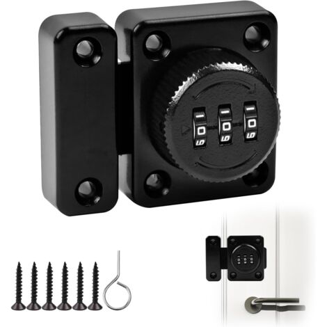 Pestillo de puerta sin llave, cerradura de combinación de 3 dígitos con tornillos de seguridad - Cerradura para puerta corredera de armario, color negro