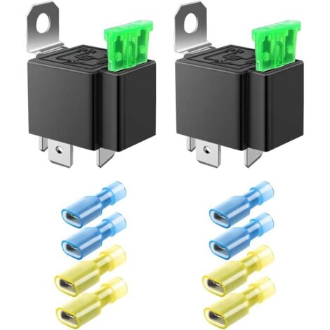 Paquete de 2 relés fusibles SPST de 30 A y 12 V CC para coche y camión - Interruptor de relé ATO/ATC de 30 A (8 terminales de nailon), 4 pines