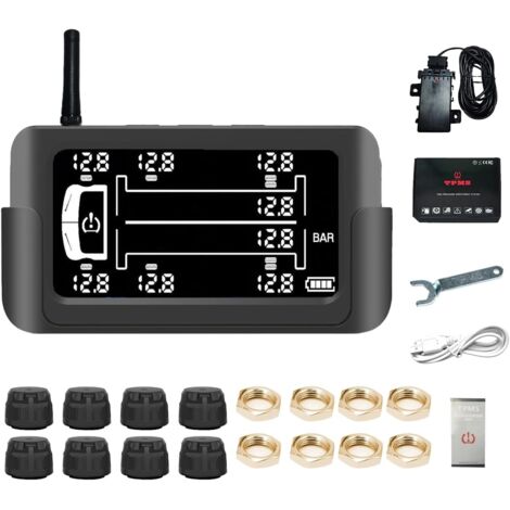 Sistema de monitoreo de presión de neumáticos, sistema de monitoreo TPMS solar inalámbrico con 8 sensores TPMS externos, 6 modos de alerta, sistema de alarma de detección en tiempo real (1/5)