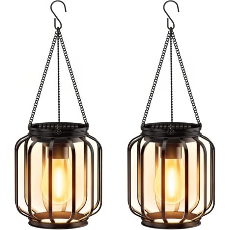 Faroles solares colgantes para exteriores (2 unidades), de metal, con luces LED brillantes y cálidas, resistentes al agua, para exteriores, luces solares decorativas clásicas para jardín y patio.
