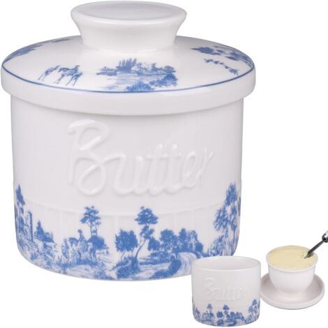 Mantequera de cerámica, mantequera de porcelana de 250g con línea de agua para untar mantequilla fresca, mantequera llena de agua con tapa para mantener la mantequilla fresca, mantequera con sistema