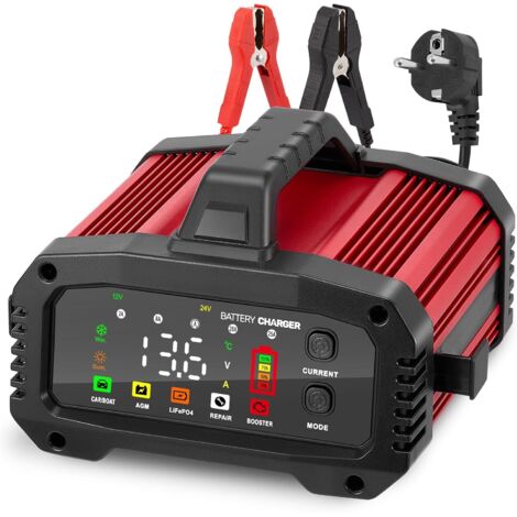 Cargador de batería de coche de 25 A, 12 V/24 V, de litio con reparación automática y pantalla LCD, para coche, moto y camión, LiFePO4, AGM, color rojo