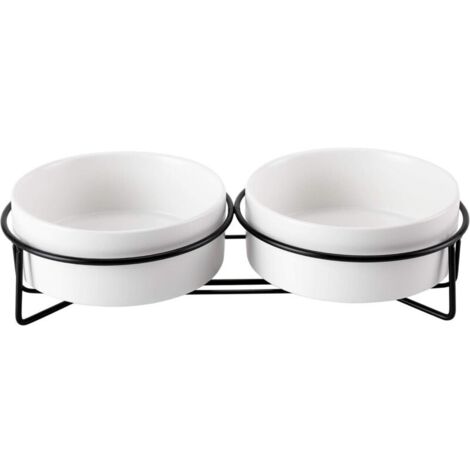 （28.5×14.5×7cm）Blanc+Blanc Gamelle Chat Surélevée, Gamelle Eau Chat en Céramique avec Support Métal, Double Gamelle Anti Renversement, 2x400ml (1/4)