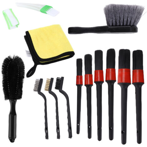 Kit de 14 brosses et chiffons pour nettoyage auto - Détail moteur, tableau de bord, jantes, intérieur (1/5)