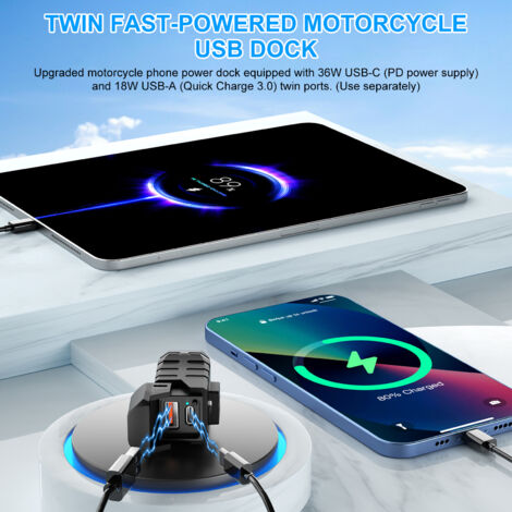 Chargeur USB pour Motos et Quads avec Voltmètre LED, Port USB-C PD 36W et USB-A 18W, Commuteur et Montage Guidon (1/5)