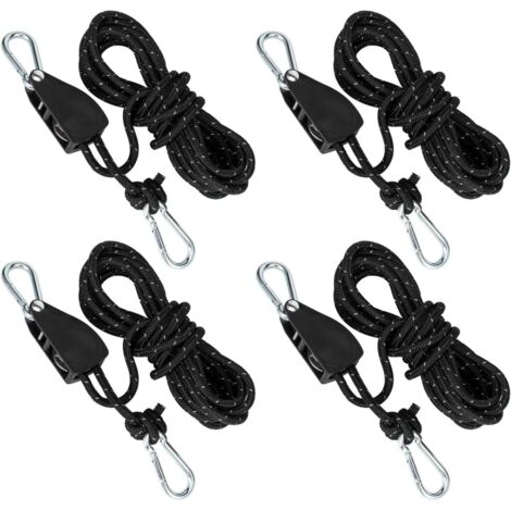 Lot de 4 tendeurs à cliquet avec cordes de 5 m – Charge maximale 150 kg – Pour camping, auvent, tente – Haubans avec frein de corde
