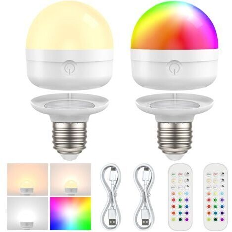 Lot de 2 ampoules LED rechargeables avec télécommande, E27 à intensité variable, couleurs RVB avec batterie, 6 W Touch Control, batterie avec fonction de minuterie, lumière d'urgence avec aimant E27 (