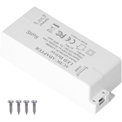 Transformer LED 60W, AC100‑240V Input, DC12V Output 5A, pour bandes lumineuses et lampes MR11/MR16/G4, avec protections sécurité intégrées (1/5)