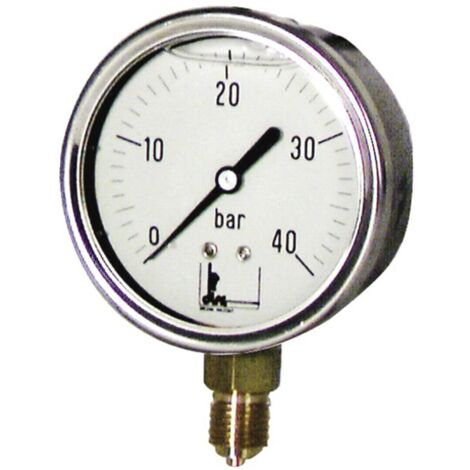 Manomètre inox 63mm – Pression max 40bar – Boîtier rempli de glycérine – Raccord 1/4" vertical – Classe de précision 1,6