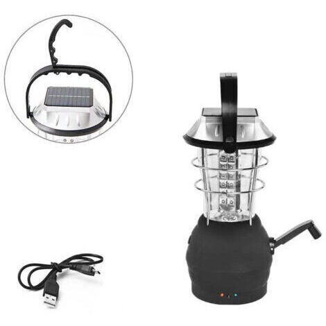 Lanterne Camping LED 36 Portative Lumière de Secours Solaire Dynamo Manuel Rechargeable Noir T98 (1/4)