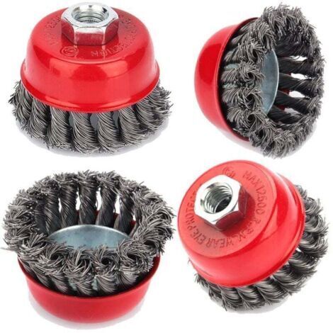 Brosse métallique pour meuleuse - Lot de 4 brosses M14 avec fils torsadés en acier 75mm et 100mm (1/5)