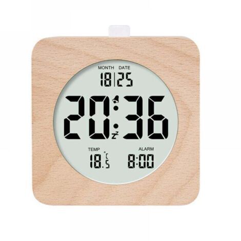 Réveil numérique LCD en bois carré - Horloge alarme avec affichage date/température, snooze, rétroéclairage, alimentation 3 piles AAA (1/5)