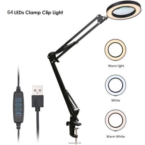 Loupe éclairante avec clip LED – Grossissement 5x – Luminosité réglable 3 couleurs – Alimentation USB – Support flexible (1/5)