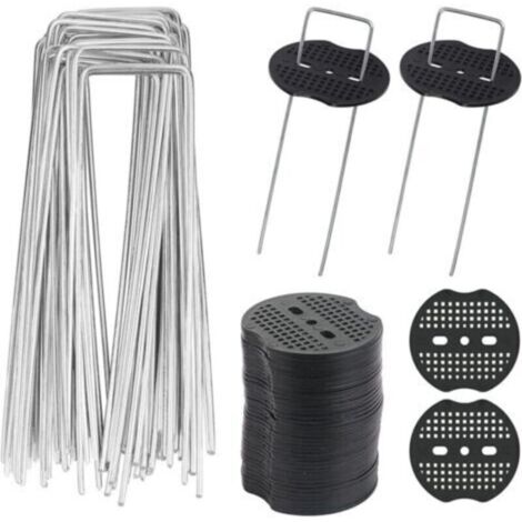 Lot de 40 piquets de jardin en U galvanisés avec rondelles pour fixation bâche anti-mauvaises herbes, toile de paillage et protection sol (1/5)