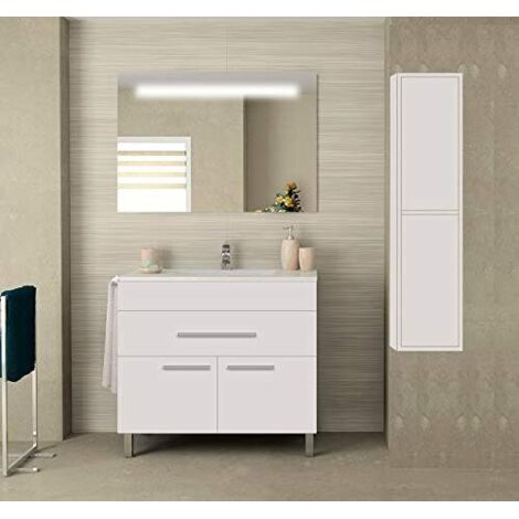 Meuble de salle de bain SYN bon marché avec plan vasque, miroir rétroéclairé LED et colonne auxiliaire. Avec porte-serviettes en cadeau différentes coleurs et tailles en Blanc 80CM (1/5)