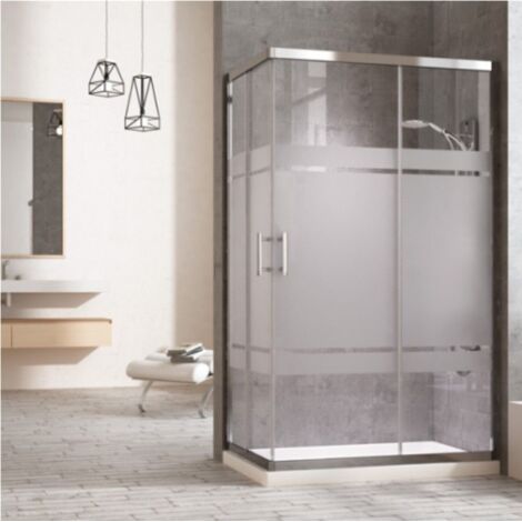 Cabine de douche rectangulaire à fermeture angulaire. 2 portes coulissantes et 2 panneaux fixes. Verre sérigraphie profil chromé 80X160CM