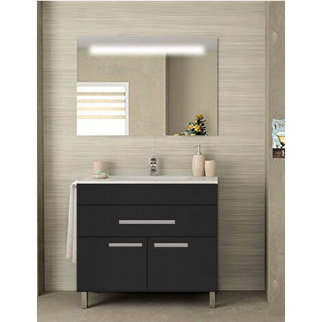 Ensemble de salle de bain Bahia avec 2 portes et 1 tiroir - 7 couleurs différentes - 15 dimensions - Avec meubles, lavabo et miroir - Graphite 90x45Cm (1/3)