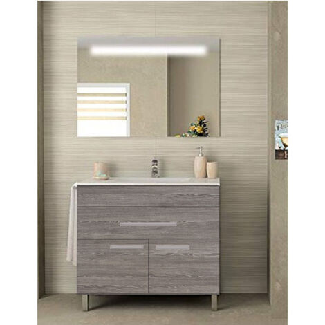 Ensemble de salle de bain Bahia avec 2 portes et 1 tiroir - 7 couleurs différentes - 15 dimensions - Avec meubles, lavabo et miroir - Chêne Smoky 120x45Cm 2 vasques (1/3)
