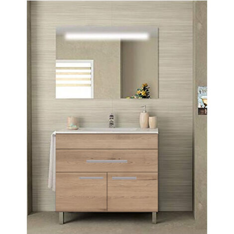 Ensemble de salle de bain Bahia avec 2 portes et 1 tiroir - 7 couleurs différentes - 15 dimensions - Avec meubles, lavabo et miroir - Sable 90x45Cm (1/3)