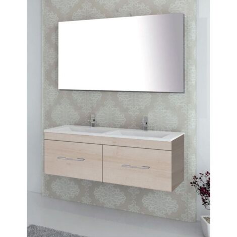Ensemble de salle de bain suspendu Florence 1 tiroir - 8 couleurs différentes - 14 dimensions - Avec meubles, lavabo et miroir - Crème 120x45Cm 2 vasques (1/3)