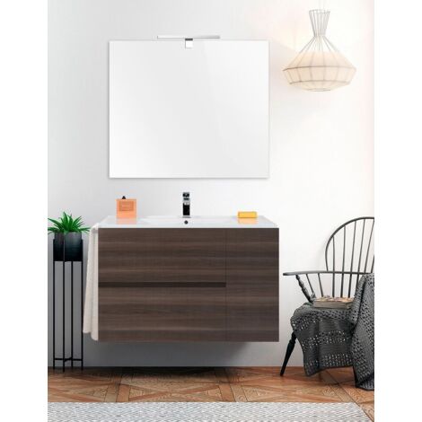 Ensemble de salle de bain suspendu Itaca - 2 tiroirs et une porte - 7 couleurs différentes - 15 dimensions - Avec meubles, lavabo et miroir - Fresne tea 70x45Cm (1/3)