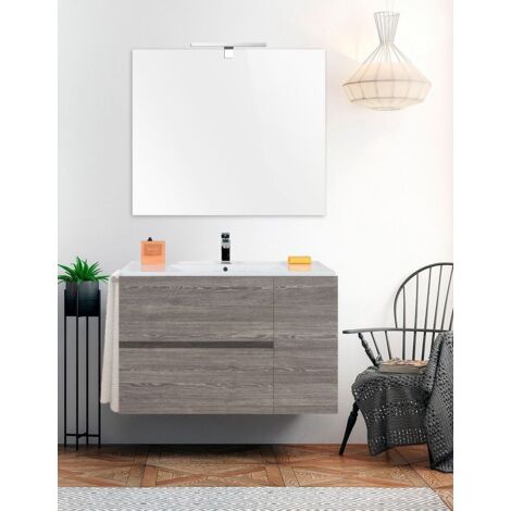 Ensemble de salle de bain suspendu Itaca - 2 tiroirs et une porte - 7 couleurs différentes - 15 dimensions - Avec meubles, lavabo et miroir - Chêne Smoky 70x45Cm