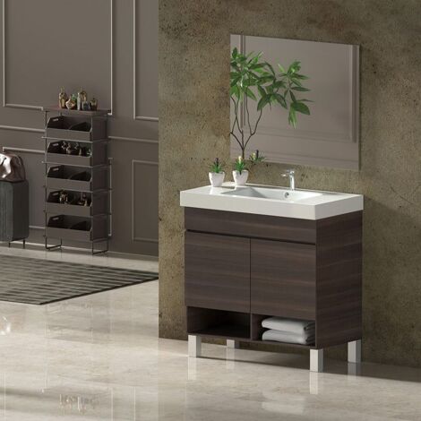 Ensemble de salle de bain NEBARI avec pieds 2 portes ou un tiroir au choix- Comprend meubles, lavabo et miroir Fresne tea 80x45Cm avec tiroir (1/4)