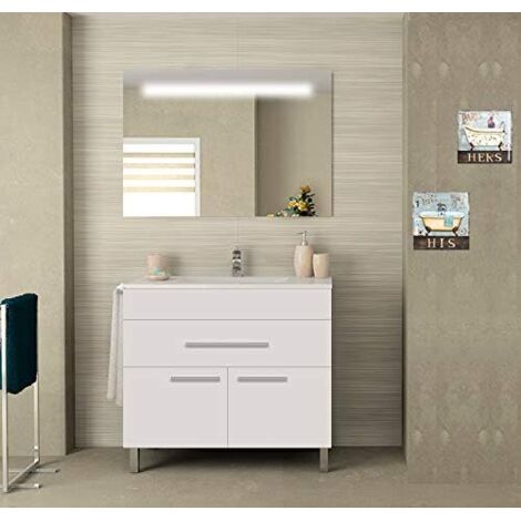 Meuble de salle de bain à poser VEGA avec miroir lumineux et lavabo - espace de stockage avec portes et tiroir - BLANC -80CM