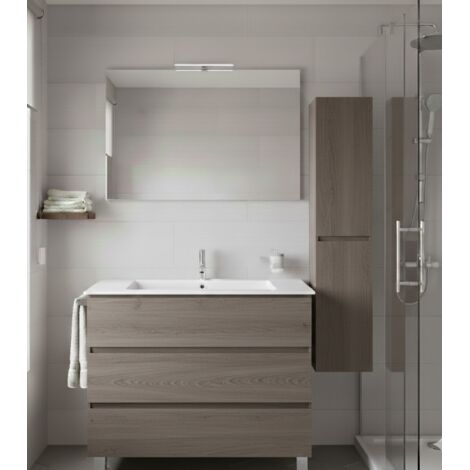 Ensemble Meuble de salle de bain BALDER Livré Monté 3 tiroirs avec pieds, lavabo et miroir Chêne fumé 120x45 cm 1 vasque avec colonne
