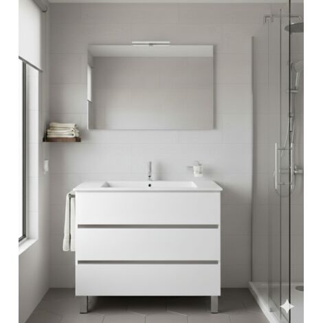 Ensemble Meuble de salle de bain BALDER Livré Monté 3 tiroirs avec pieds, lavabo et miroir Blanc brillant 100x45 cm
