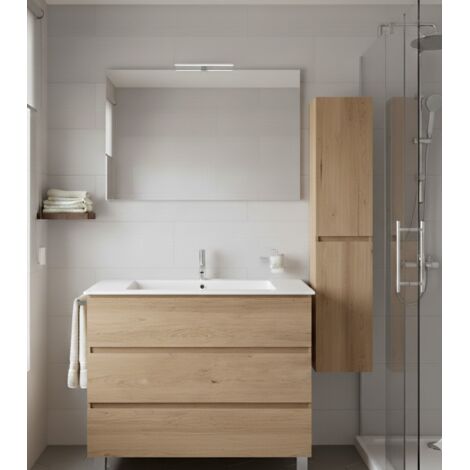 Ensemble Meuble de salle de bain BALDER Livré Monté 3 tiroirs avec pieds, lavabo et miroir Estepa 70x40 cm avec colonne