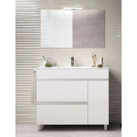 Meuble de salle de bain à poser HÉMERA avec miroir et lavabo - 2 tiroirs avec poignée à gorge et un espace de rangement avec porte - BLANC - 100CM