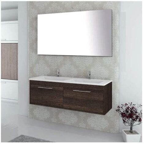 Ducha – Meuble double vasque suspendu 120 cm – Miroir et lavabo céramique inclus – 2 tiroirs avec fermeture douce – Finition chêne évasion