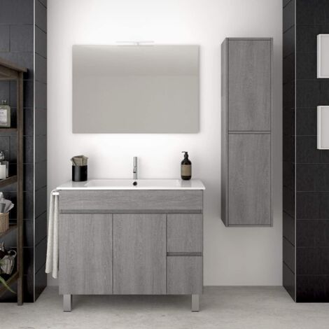 Meuble de salle de bain à poser TEMIS avec miroir et lavabo - 2 tiroirs avec poignée à gorge et un grand espace de stockage avec portes -CHÊNE SMOKY 70CM avec colonne assortie