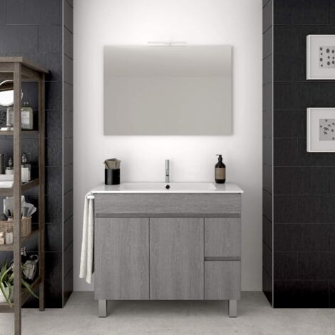 Meuble de salle de bain à poser TEMIS avec miroir et lavabo - 2 tiroirs avec poignée à gorge et un grand espace de stockage avec portes -CHÊNE SMOKY 80CM