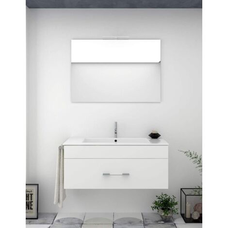 Meuble de salle de bain BRAGI avec plan vasque et miroir. Avec porte-serviettes en cadeau différentes coleurs et tailles Blanc 100CM (1/5)