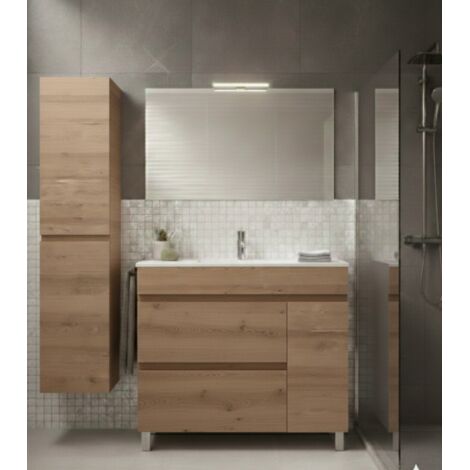 Ensemble Meuble de salle de bain FENRIR Livré Monté 2 tiroirs et porte avec pieds, lavabo et miroir Estepa 120x45 cm 1 vasque avec colonne