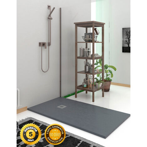 Receveur de douche EXTRAPLAT - Résine et charges minérales - Texture Ardoise - Antidérapante C3 - Fourni avec grille et siphon - Gris ardoise 90X100 Ral 7015 (1/5)