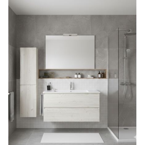 Ensemble Meuble de salle de bain LOKI Livré Monté 2 tiroirs avec pieds, lavabo et miroir Blanc nordique 100x40 cm avec colonne (1/2)