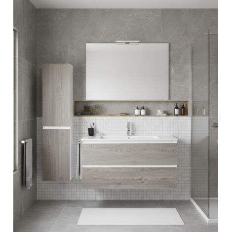 Ensemble Meuble de salle de bain LOKI Livré Monté 2 tiroirs avec pieds, lavabo et miroir Combi 120x45 cm double vasque avec colonne (1/2)