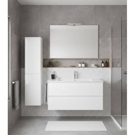 Ensemble Meuble de salle de bain LOKI Livré Monté 2 tiroirs avec pieds, lavabo et miroir Blanc brillant 90x40 cm avec colonne