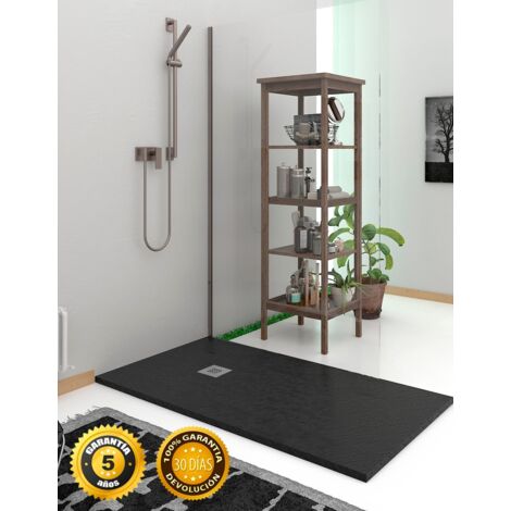 Receveur de douche EXTRAPLAT - Résine et charges minérales - Texture Ardoise - Antidérapante C3 - Fourni avec grille et siphon - Noir 90X100 Ral 9005 (1/5)