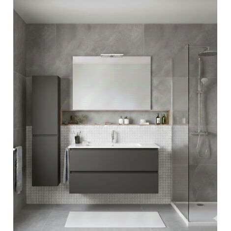 Ensemble Meuble de salle de bain LOKI Livré Monté 2 tiroirs avec pieds, lavabo et miroir Graphite 80x45 cm avec colonne (1/2)