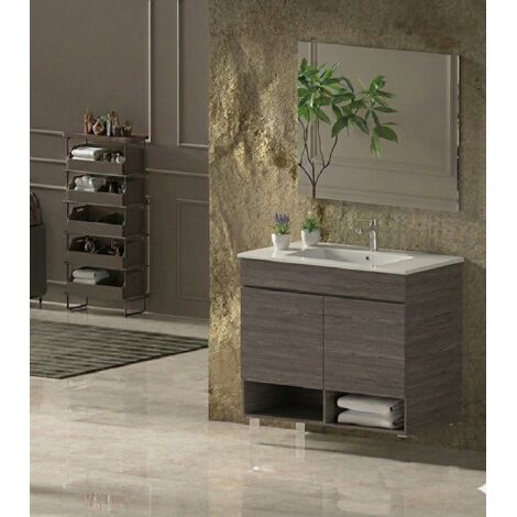 Ensemble Meuble de salle de bain NEBARI Livré Monté 2 portes, lavabo et miroir Chêne fumé 120x45 cm 1 vasque (1/2)