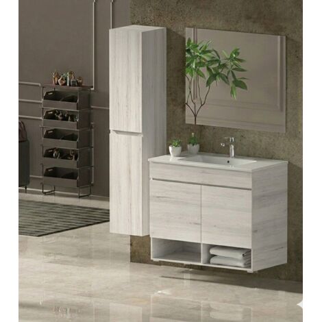 Ensemble Meuble de salle de bain NEBARI Livré Monté 2 portes, lavabo et miroir Blanc nordique 120x45 cm double vasque avec colonne (1/2)