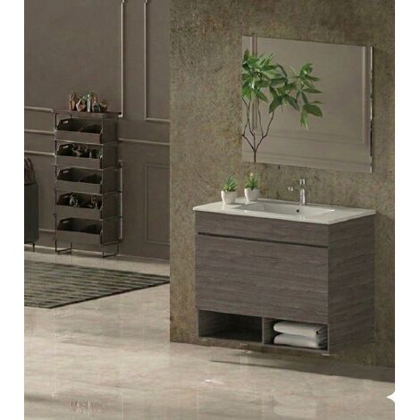 Ensemble Meuble de salle de bain NEBARI Livré Monté 1 tiroir, lavabo et miroir Chêne fumé 120x45 cm 1 vasque (1/3)